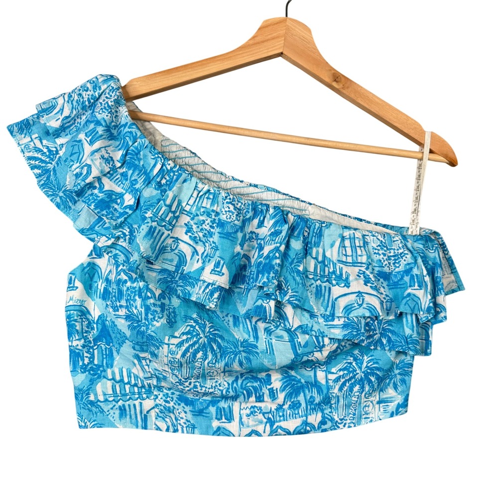 Lilly Pulitzer Kasida Ruffle One-Shoulder Linen Crop Top Amalfi Blue 6 014033